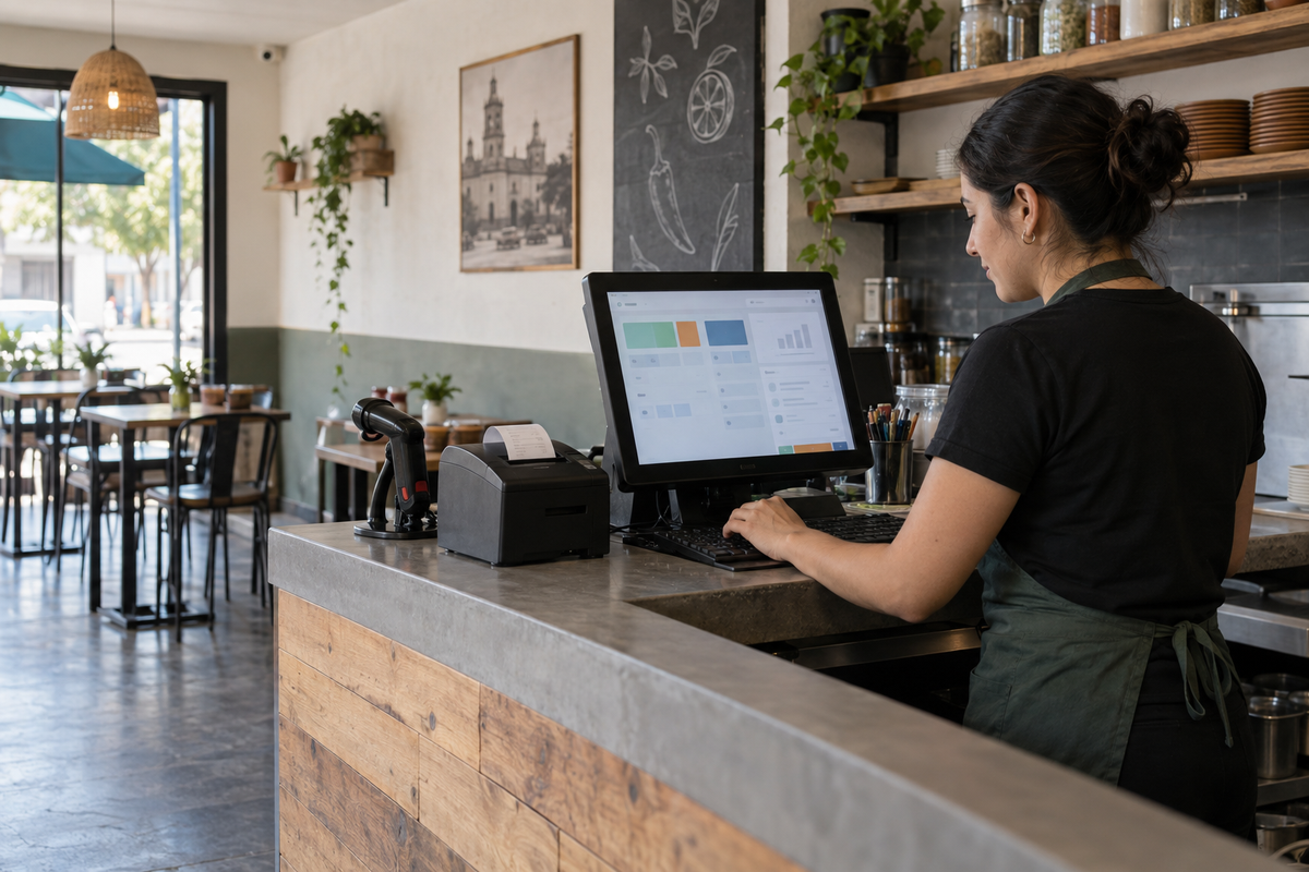 Persona operando un sistema de punto de venta en una cafetería